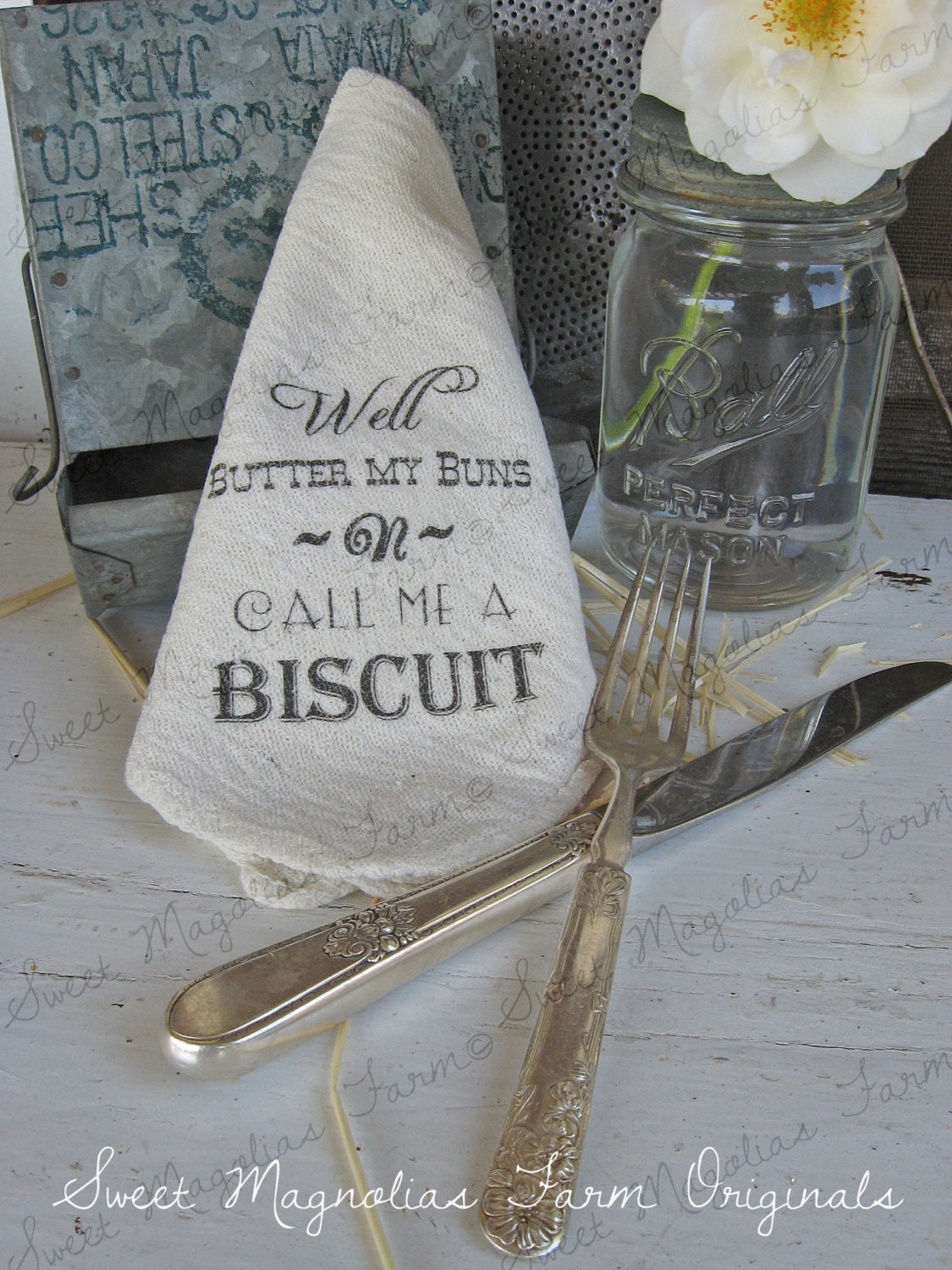 Farmhouse Napkins Set of 4 "Well Butter My Buns n Call Me A Biscuit"  Kitchen  BBQ  Party  Wedding  Country  Barn  Style  Decor  Supplies