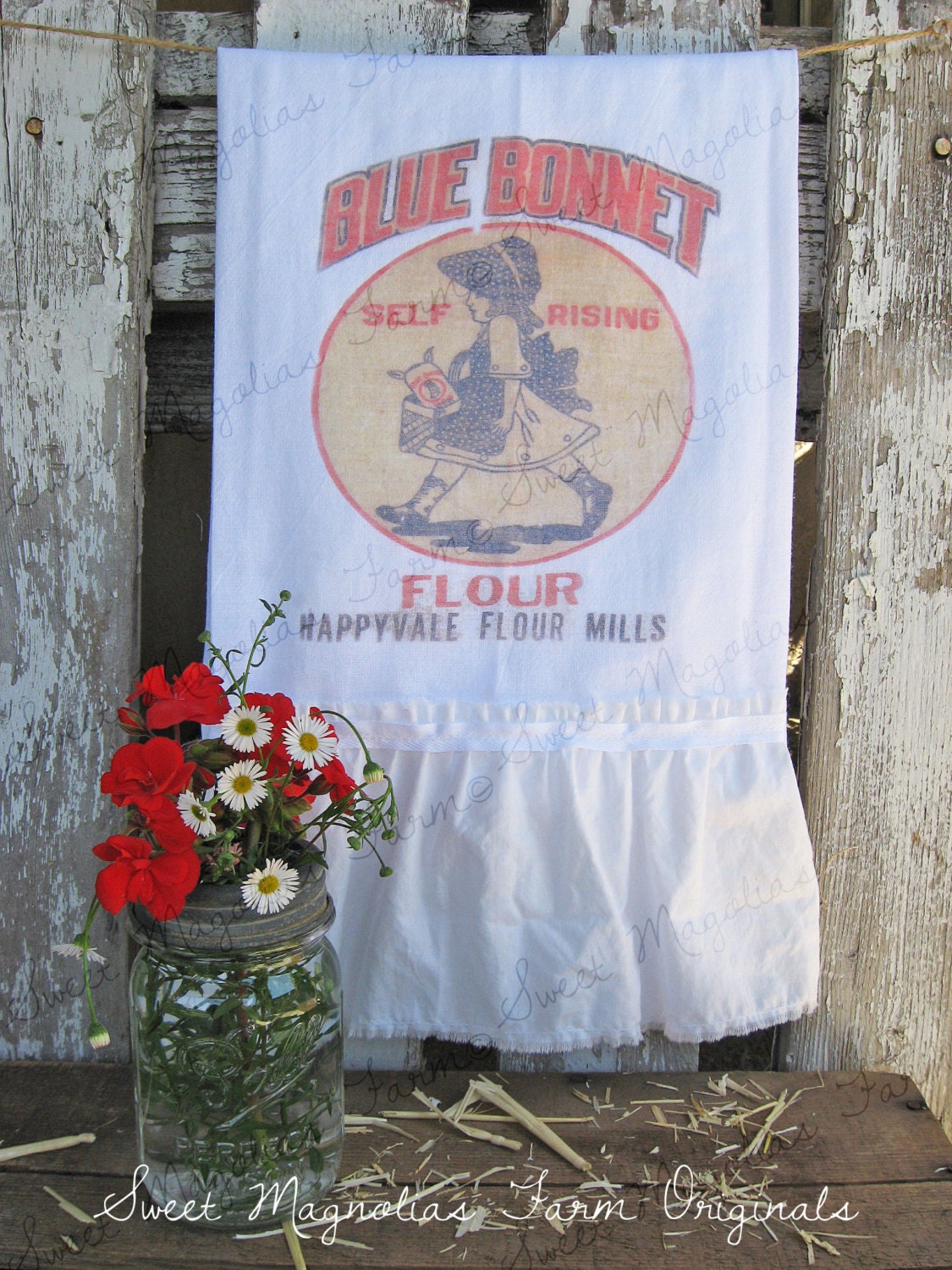 Flour Sack Kitchen Towel - Farmhouse Style Country Cottage Chic Ruffle Advertising Vintage "Blue Bonnet Flour"