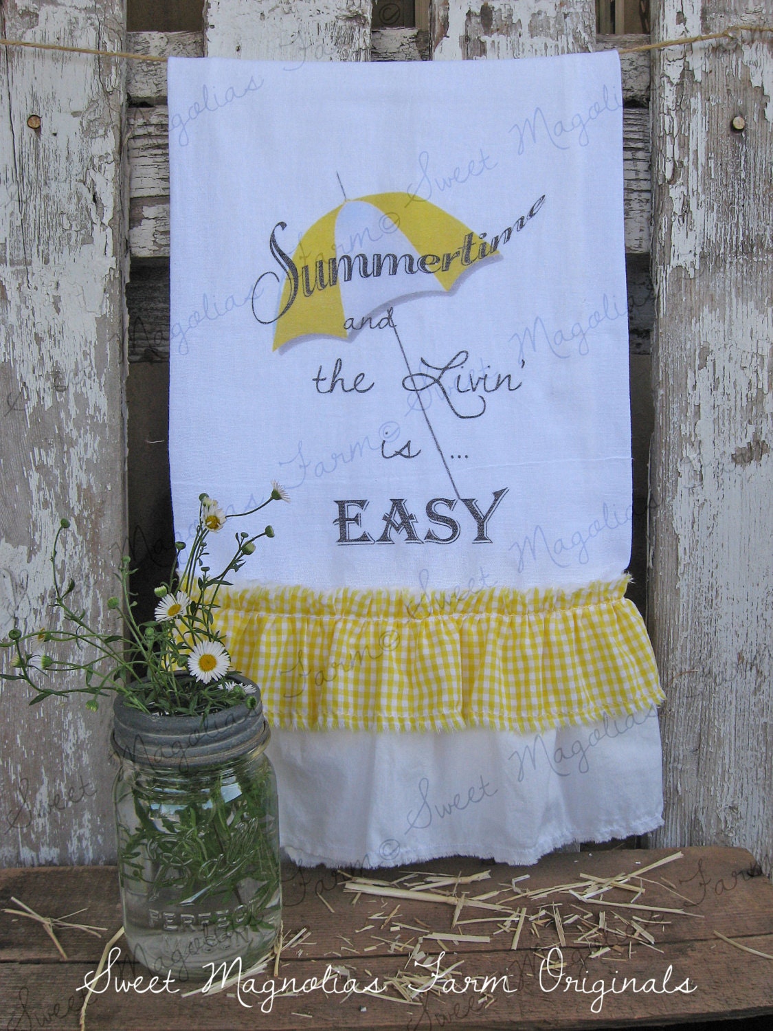Flour Sack Kitchen Towel... Farmhouse Tea Ruffle Beach Umbrella Cottage Farm Style Country Chic "Summertime and the livin is easy"