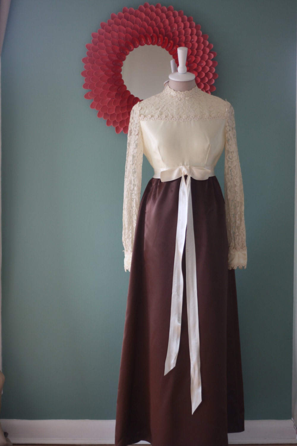 Vintage Cream Lace and Chocolate Brown Satin Gown