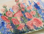 Nature Art Garden Cottage Pink Hollyhocks Blue Larkspur Original Painting by Laurie Rohner