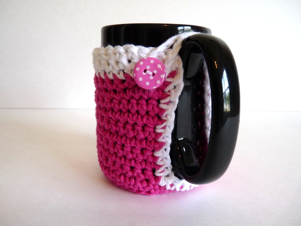 Crochet Mug Cozy in Pink and White for Coffee Lovers and Tea Drinkers