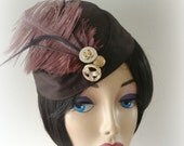 Fascinator Vintage Style-- Mini Hat-- Headpiece--Brown Silk--Buttons--Feathers--