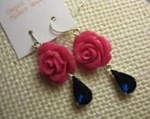 Rose Earrings, Navy Blue and Hot Pink, Crystal Earrings, Vintage Crystal, Hot Pink and Navy, Bridesmaids Earrings