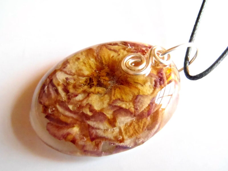 Pink White Rose  Flower Resin Nature Pendant Boho Necklace Bohemian Jewelry Large Oval Earth Woodland Silver Wire Wrapped  Garden Adjustable