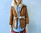 Vintage 70's Handmade Brown Double Knit Double Breasted Waist Tie Jacket Blazer with Puppytooth Houndstooth Trim (sz 2-6)