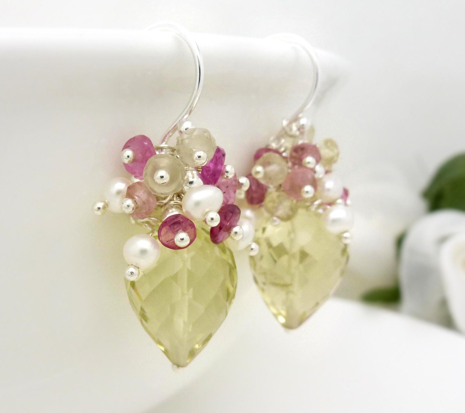 Yellow lemon quartz earrings, pink tourmaline, pale yellow earrings, pink yellow cluster earrings, Sterling silver, Lemon quartz jewelry
