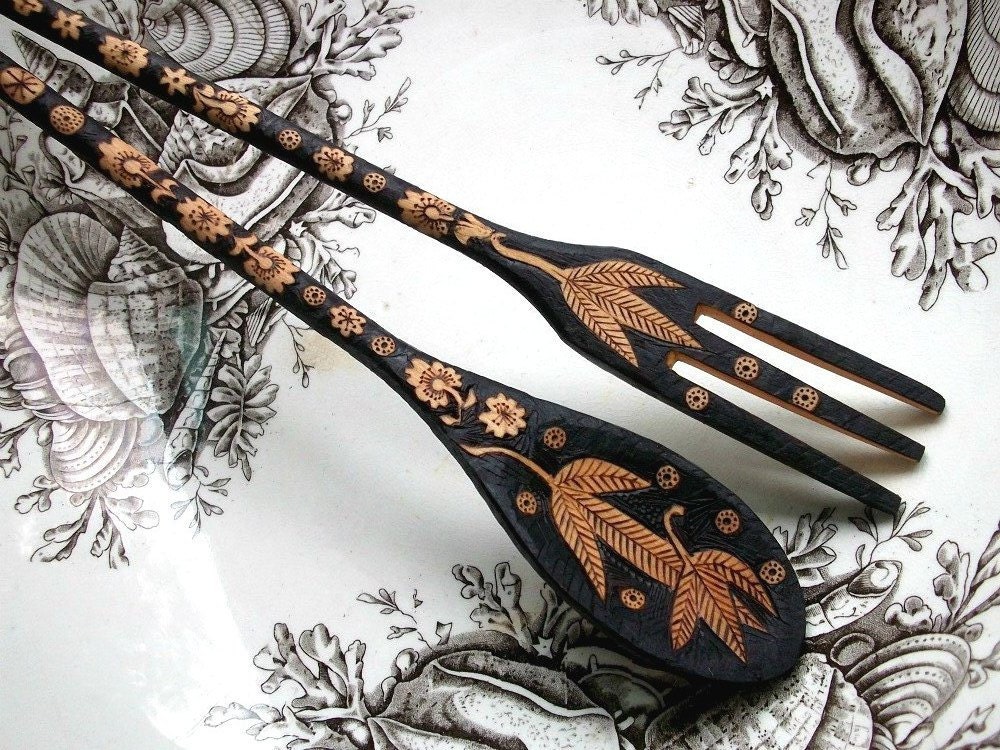 custom fork and spoon-salad serving- flower leaf night garden ooak design-dining and entertaining