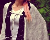 Womens Cape - Evening Cape - Shawl - Plaid Fabric - Upcycled Clothing - Black and White Print - Black Lace Trim