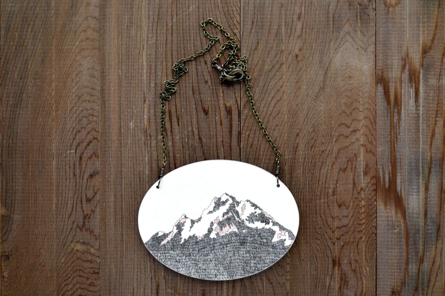 Large Mountain Necklace in Pink and Graphite - Hand Painted Mountain Artwork Pendant