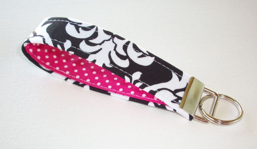 Key FOB / KeyChain / Wristlet  - Black Dandy Damask with Hot pink white polka dots