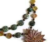 On Sale Agate and Jasper Necklace, Bracelet and Earring Set,Chinese Turquoise, Purple Moss Agate and Jasper Sun Pendant