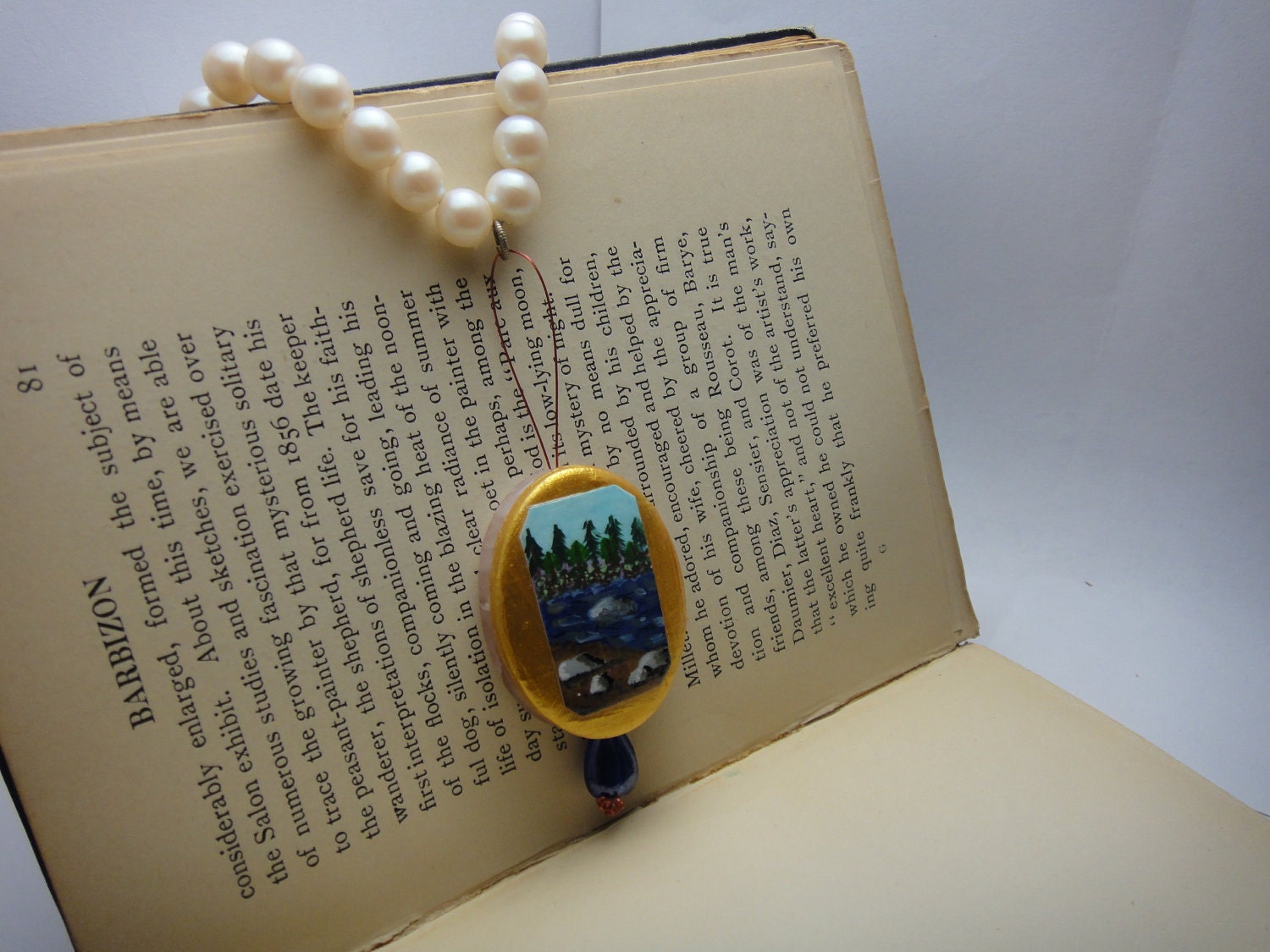 River - gold pearl necklace - tiny painting - hand painted - wearable art - nature unique