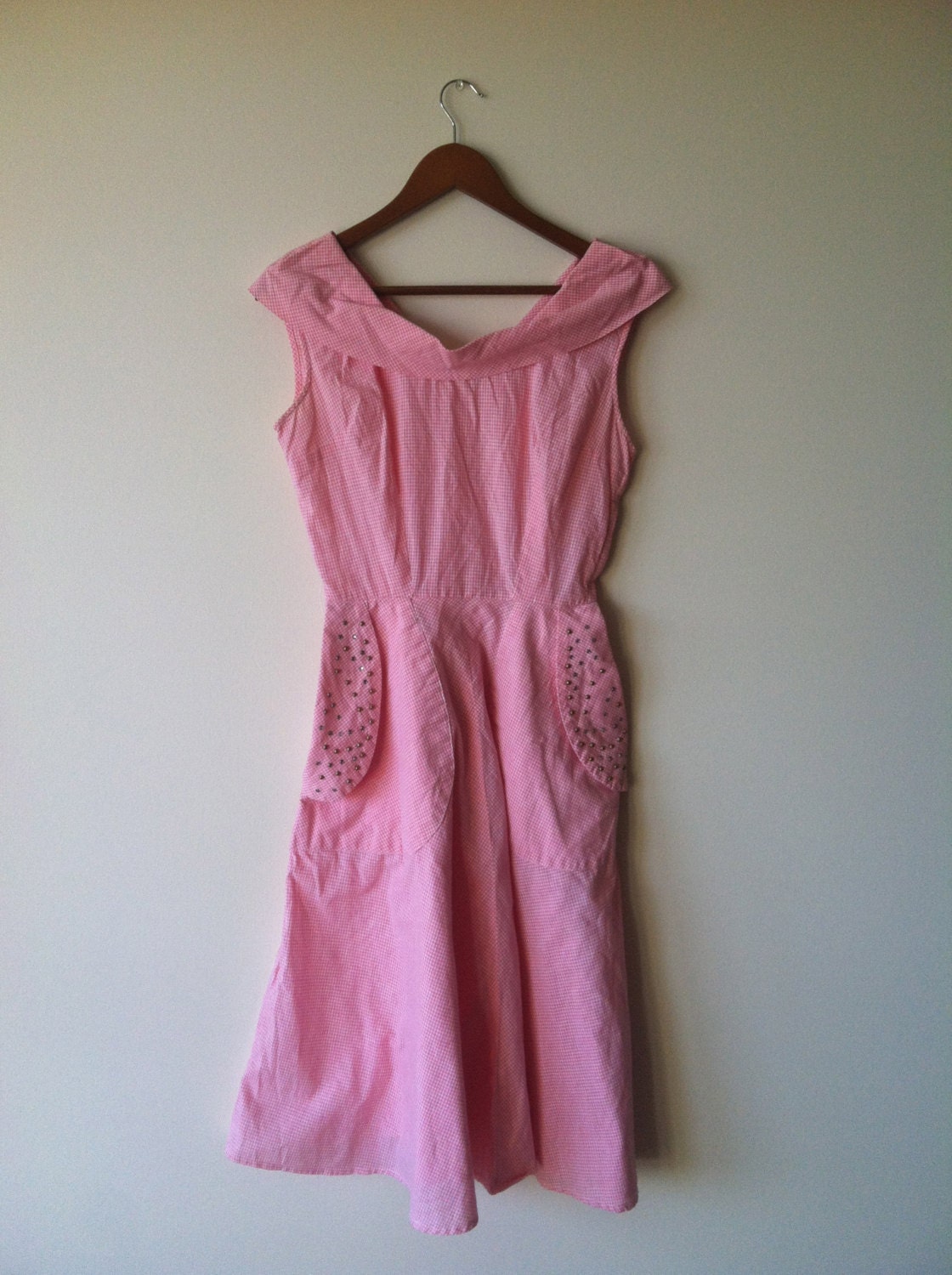 50s Summertime Pink Cotton Gingham Day Dress with rhinestone studded pockets