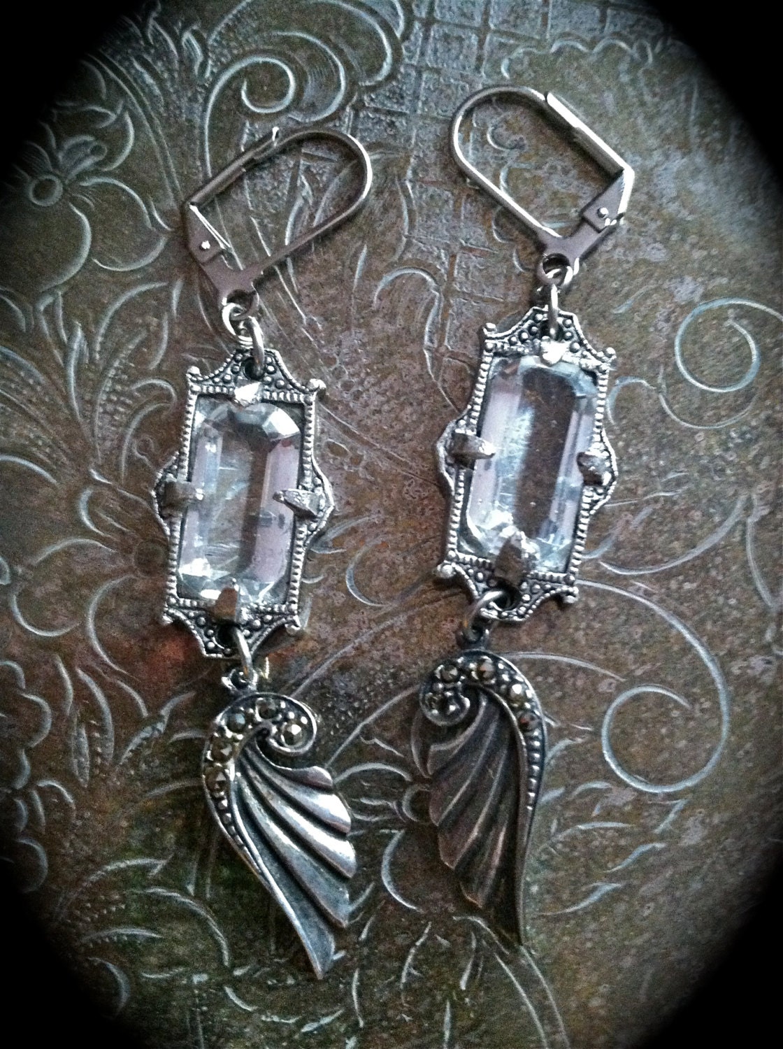 Art Deco Silver and Marcasite Angel wings roaring twenties dangling earrings