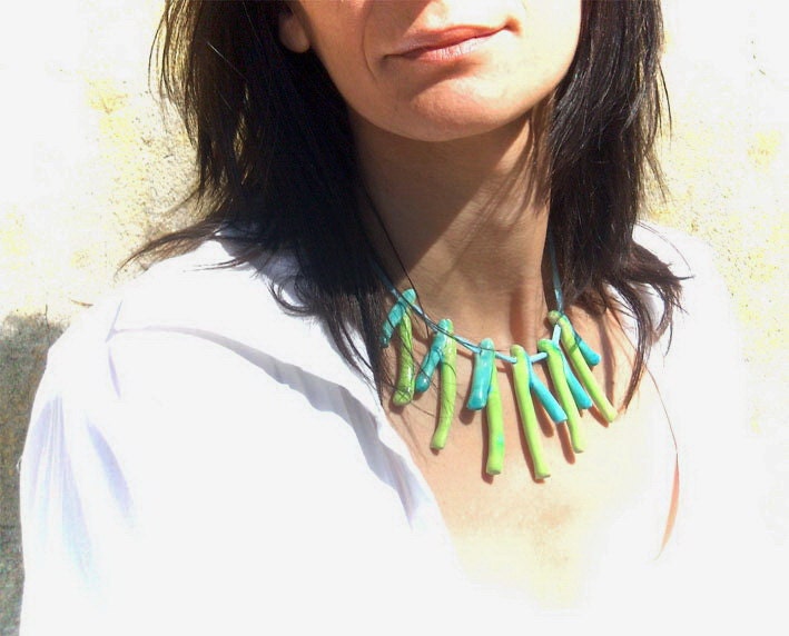 Statement Necklace, Green and turquoise ceramic necklace