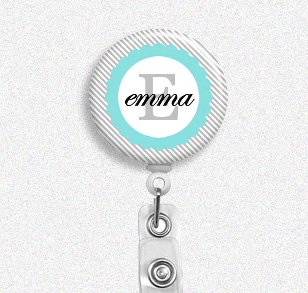 Badge Holder - Personalized Name - Gray Stripes (Belt Slide Clip or Swivel Spring Clip) Retractable Badge Holder, Nurse Badge Reel