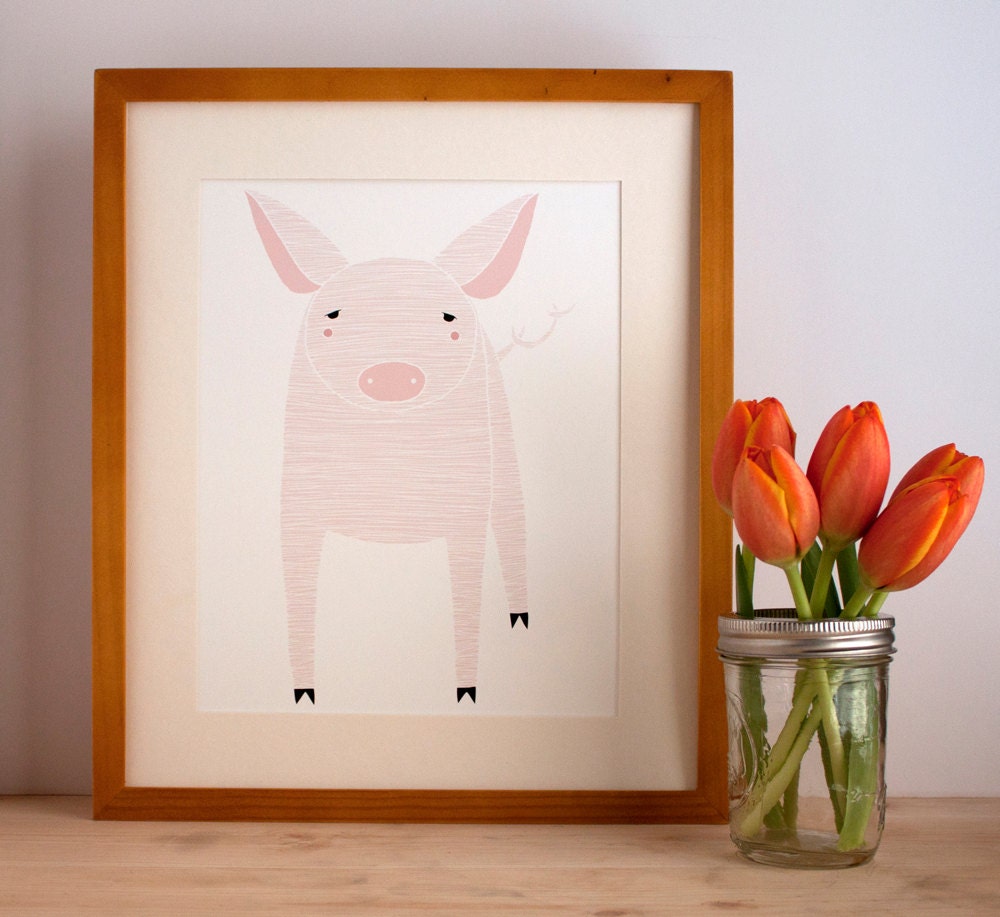 Pink Pig Illustration Nursery Art, Children Decor - Free US Shipping