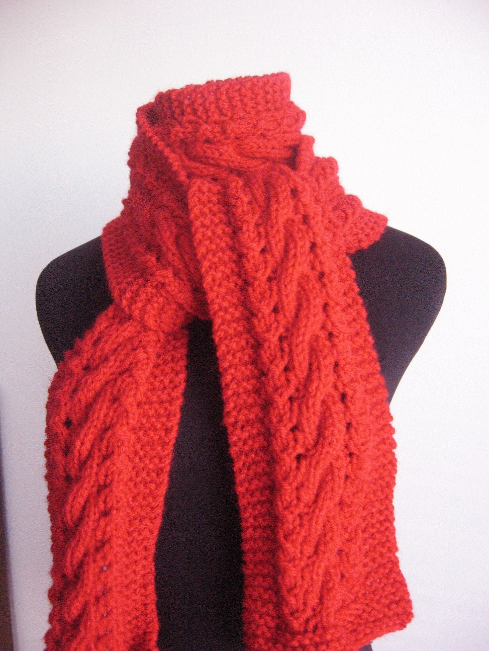 Scarlet Red Scarf Cable and Lace Vegan Scarf Winter Fashion Knit Red Scarf Knitted Scarf