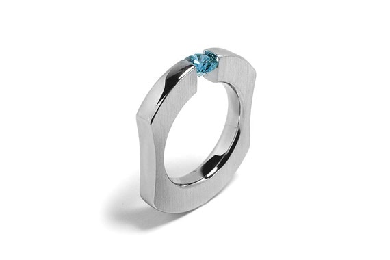 Blue Topaz Comfort Fit Tension Set  Mens Ring Stainless Steel