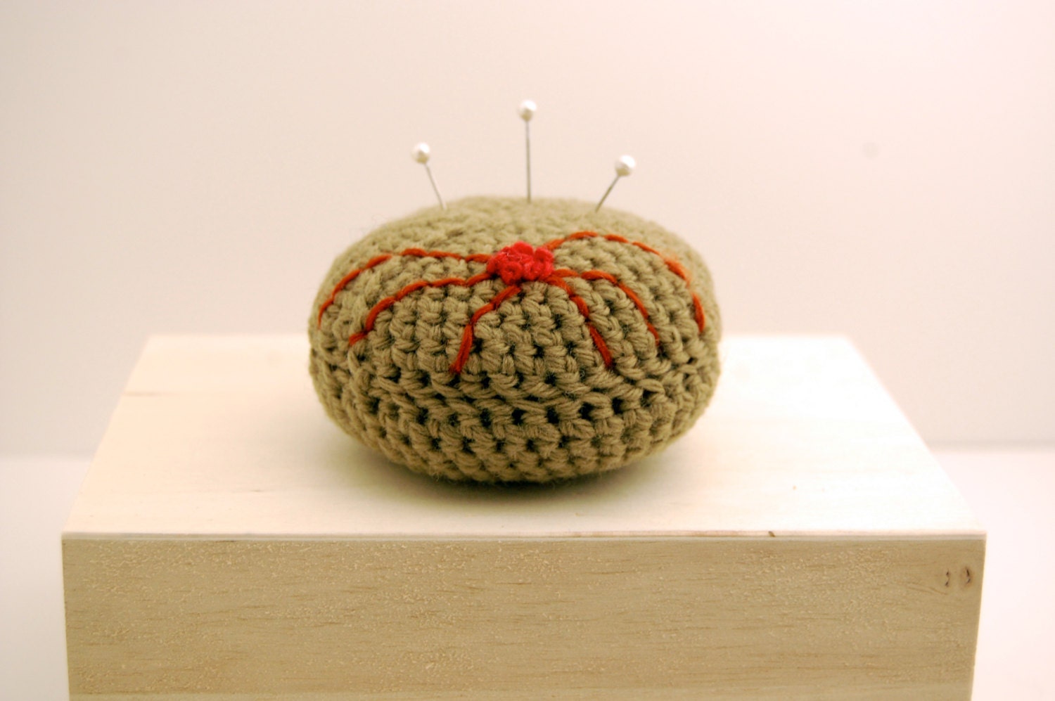 Crocheted Wool Pincushion, Light Green with Organic Nature Inspired Embroidery