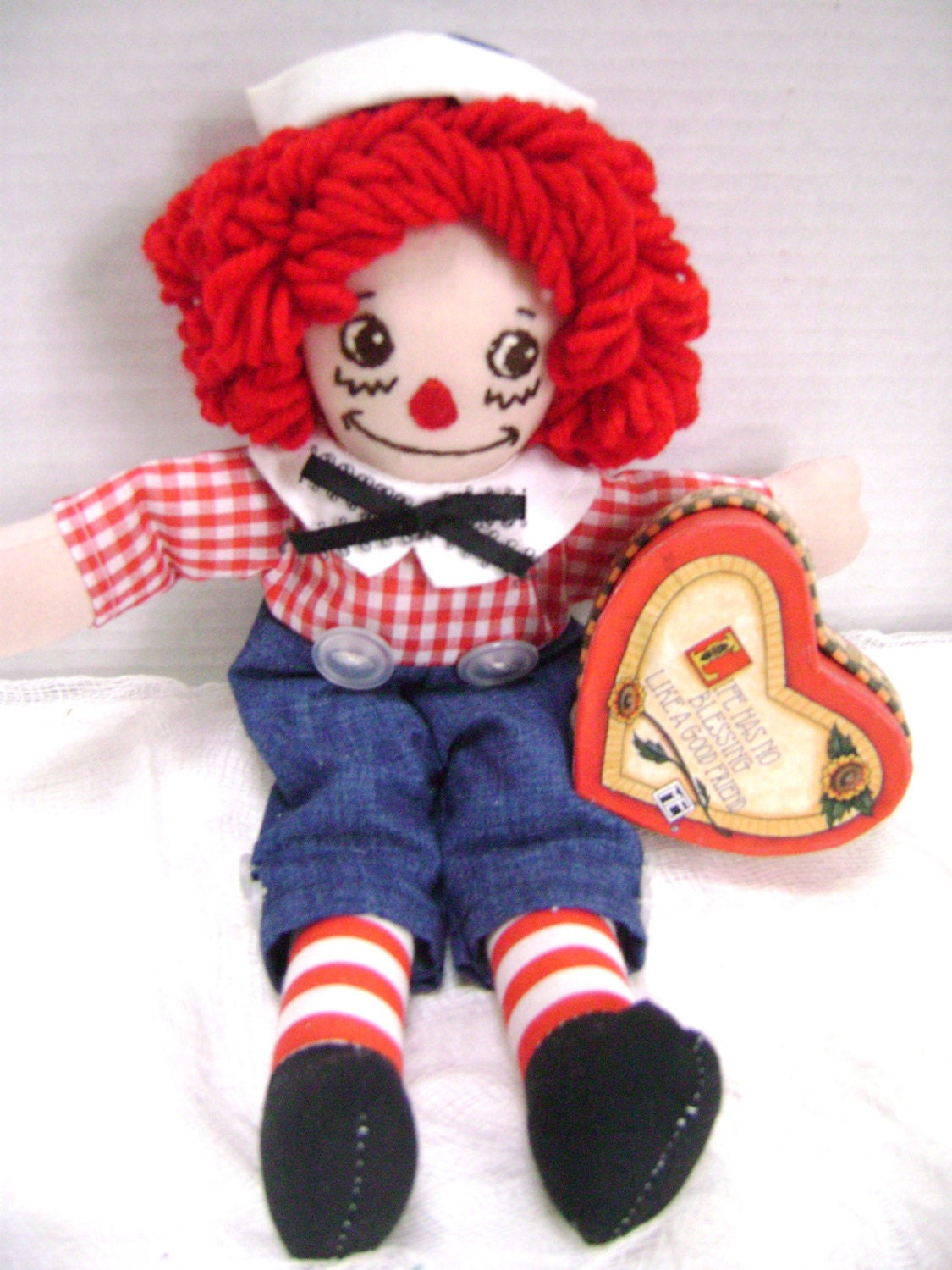 Vintage Raggedy Andy, Handmade, 12 Inches, Red White Blue, Embroidered I Love You Heart,  Friend for Life, baby boy