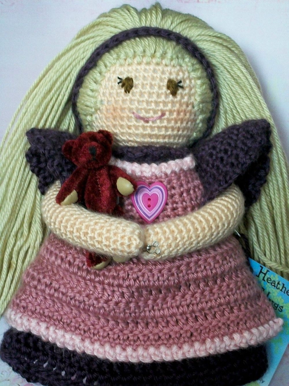Ready to Ship - Heather Hugs Handmade Play Rag Doll in Dress w/ Apron, Pantaloons, with jointed Teddy Bear - pink purple burgundy wine