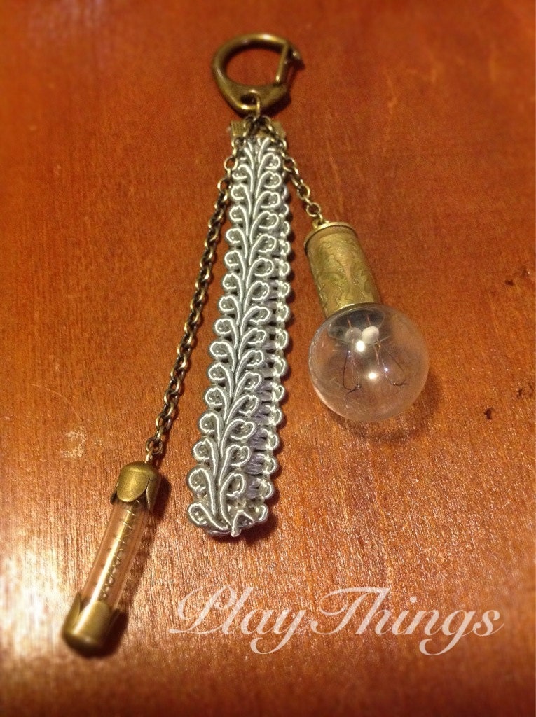 Dusty blue Steampunk inspired keychain with etched detail
