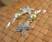 Sage Green Glass Pearl and Starfish Charm Earrings
