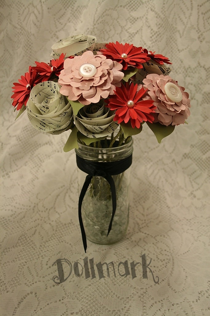 Red, Pink, and Music Paper Flower Bouquet - Novelty gift idea - Valentines gift, Birthday gift