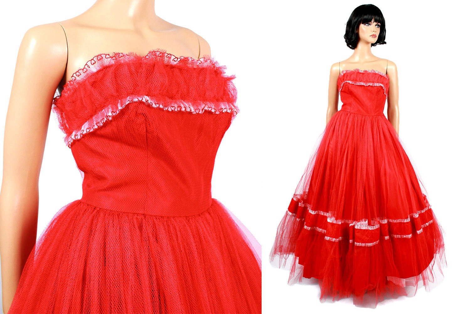 50s Prom Dress Sz S - Vintage Long Red Tulle Embroidered White Chiffon Hearts Strapless Wedding Formal Gown FREE US Shipping