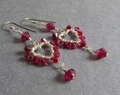 Dark Red Crystal Heart Earrings / Ruby and Siam Swarovski Crystal Earrings / Sterling Silver Heart Earrings - Affinity