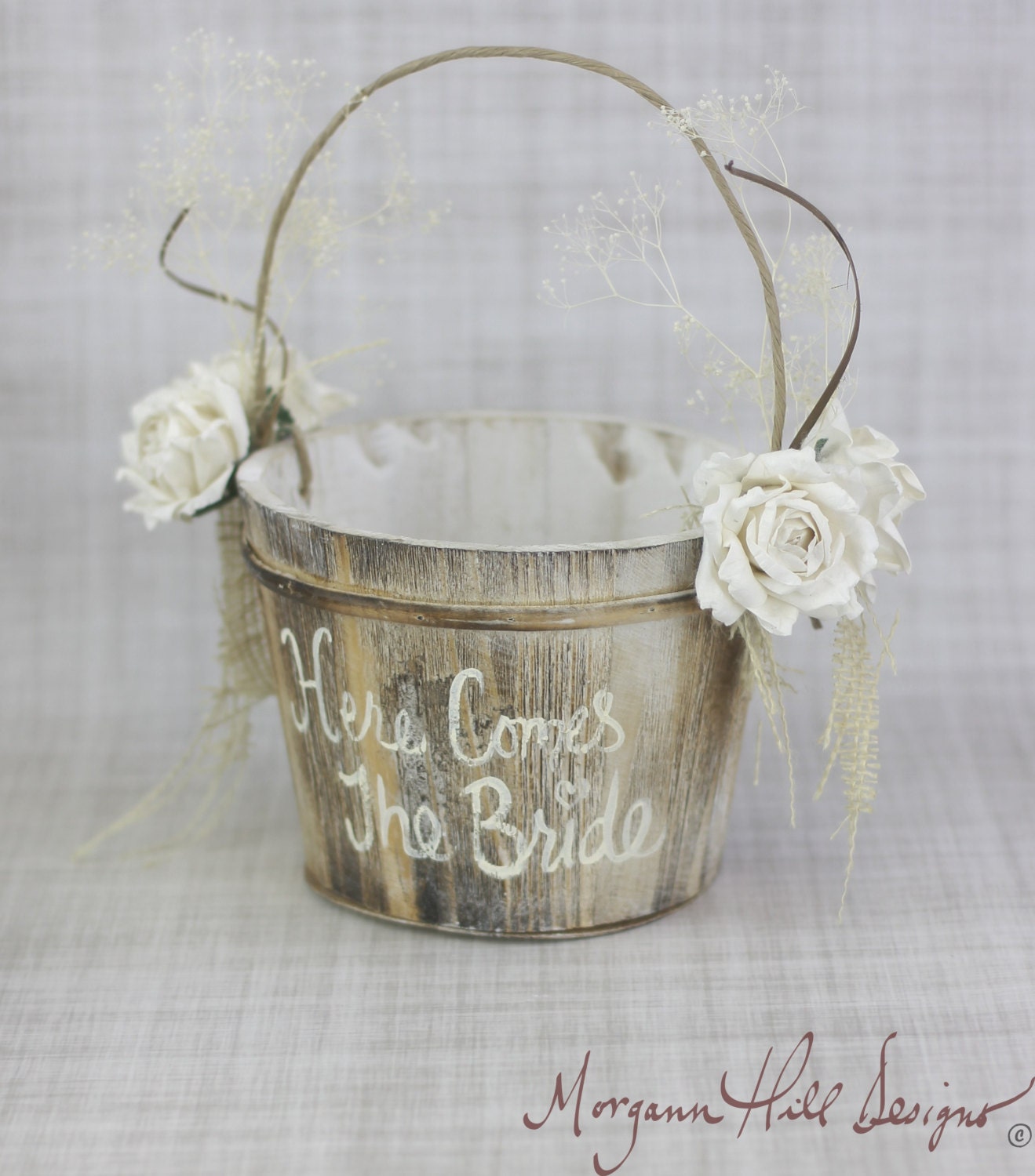 Here Comes The Bride Flower Girl Basket Rustic Country Wedding (Item Number 130096)