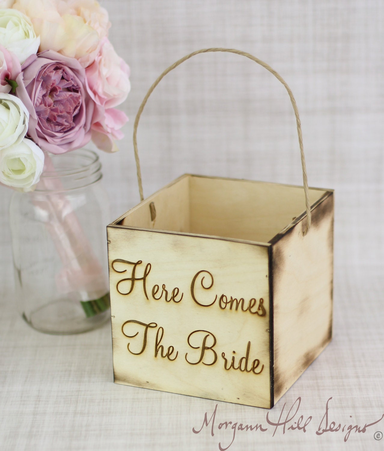 Rustic Flower Girl Basket Here Comes The Bride Sign Barn Farm Wedding Decor  (Item Number 130007)