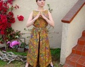 Vintage 1960s Green And Yellow Paisley Flower Power Wide Leg Palazzo Pant Jumpsuit Romper - Austin Powers 60s Costume  - Size Small / Medium