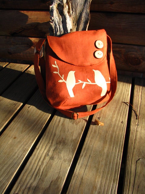 Tweeting Birds Shoulder bag/ Large - Kenya  -purse -Diaper Bag / Natural Linen- handmade /tote /school bag /6 large pockets