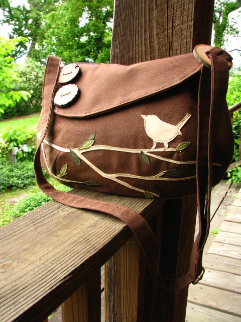 SALE SINGING BIRD on a branch shoulder bag /purse /messenger/  tote /school bag/ Chocolate /10% off when buying 2 of any Combination