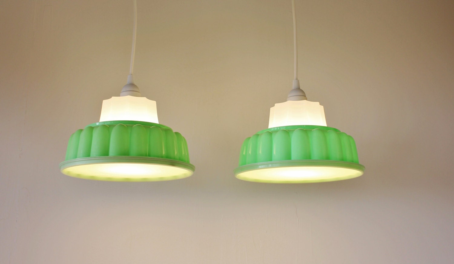 2 MINT Green TUPPERLIGHTS - Pair of Vintage Tupperware Jell-O Mold Hanging Pendant Lighting Fixtures - Upcycled BootsNGus Lamps