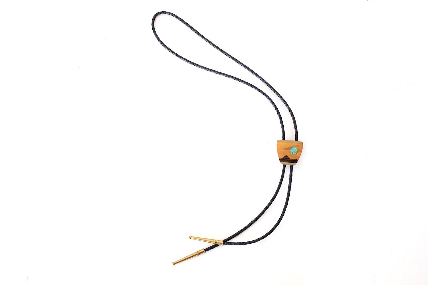 Vintage 70s Black Bolo Tie with Southwest Scene - Desert and Moon Inlaid Wood Bolo Tie