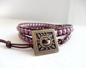 Hip to be Square, Czech Glass Bracelet - Beaded Leather Double Wrap Bracelet