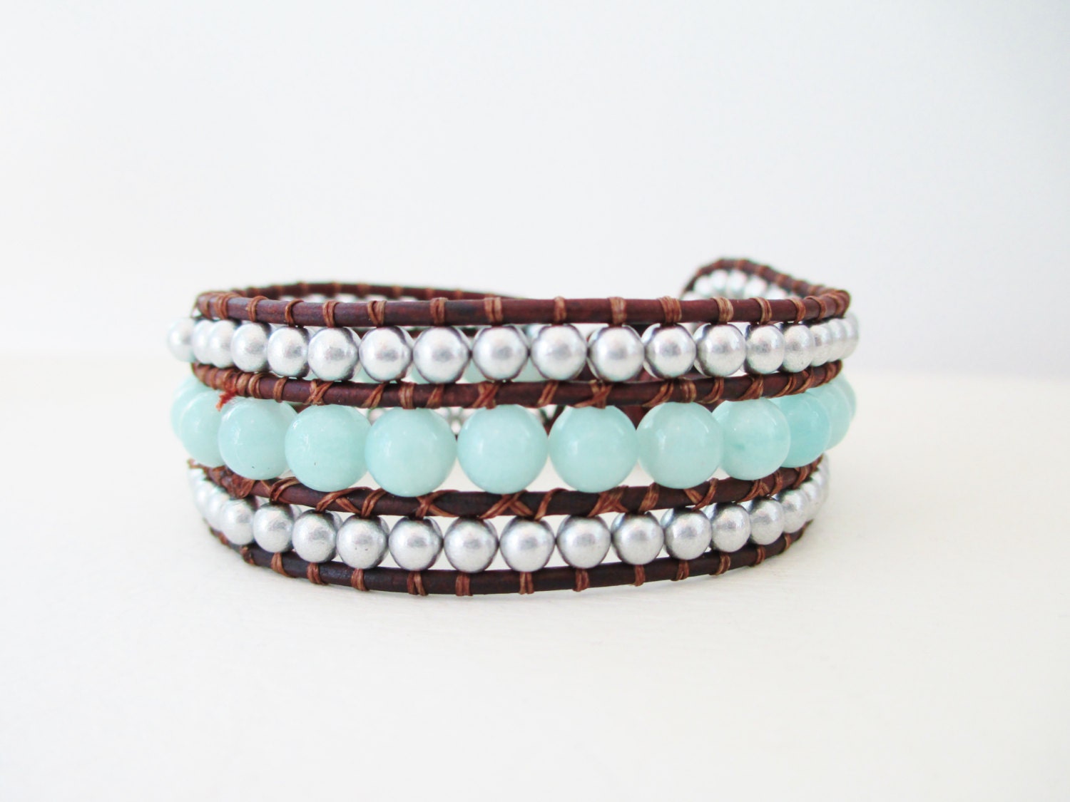 Amazonite Gemstone Beaded Cuff Bracelet - Three Row Cuff Gemstone Beaded Bracelet