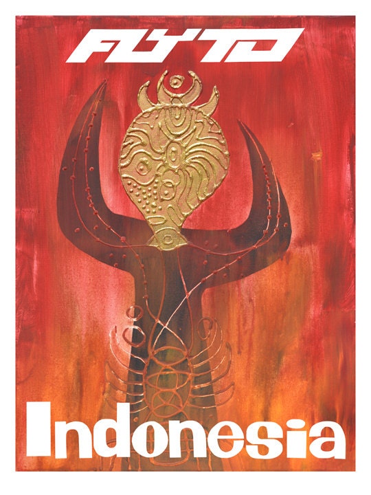 FLY TO INDONESIA 1960s Travel Poster Retro Exotic Orient Airlines Gold Mike Hoffman Design
