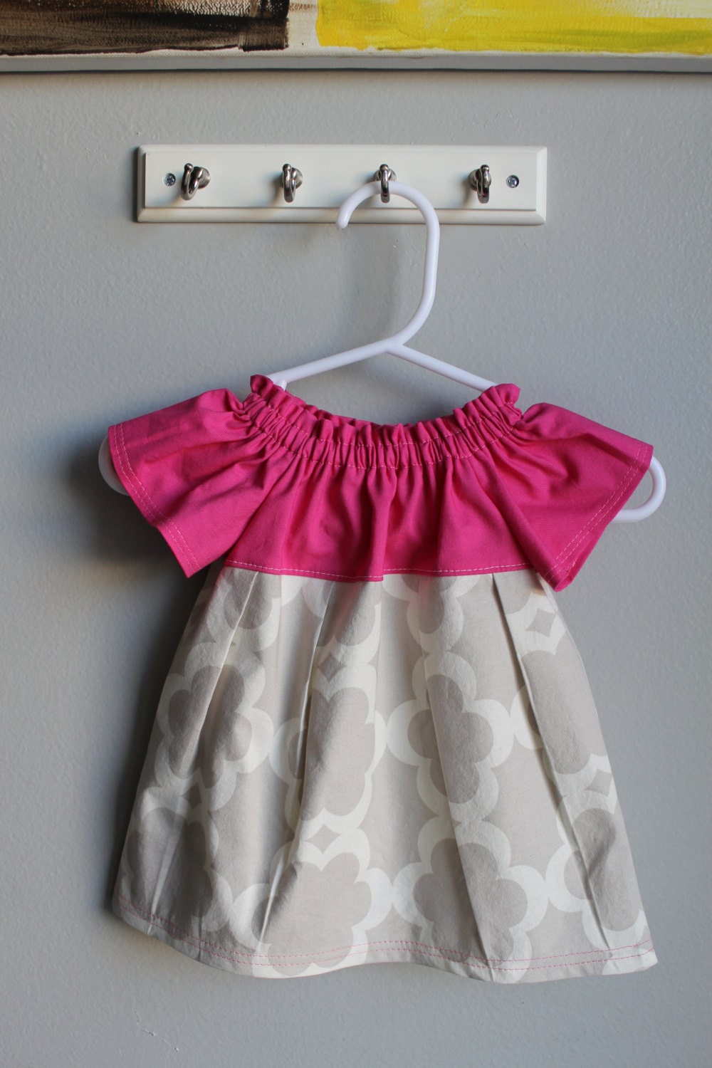 Little Girl Peasant Top Dress- 0-3 Month Size- Hot Pink- Gray- Baby Dress- Spring Summer Dress