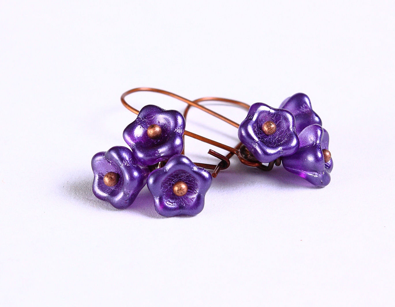 Handmade purple salvia mauve violet Czech bell flower floral dangle earrings (690) - Flat rate shipping