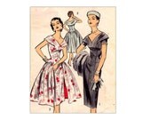 Vintage 1950s Wiggle Dress with Built In Overskirt Sewing Pattern Advance 7885 Drape Collar Bust 34