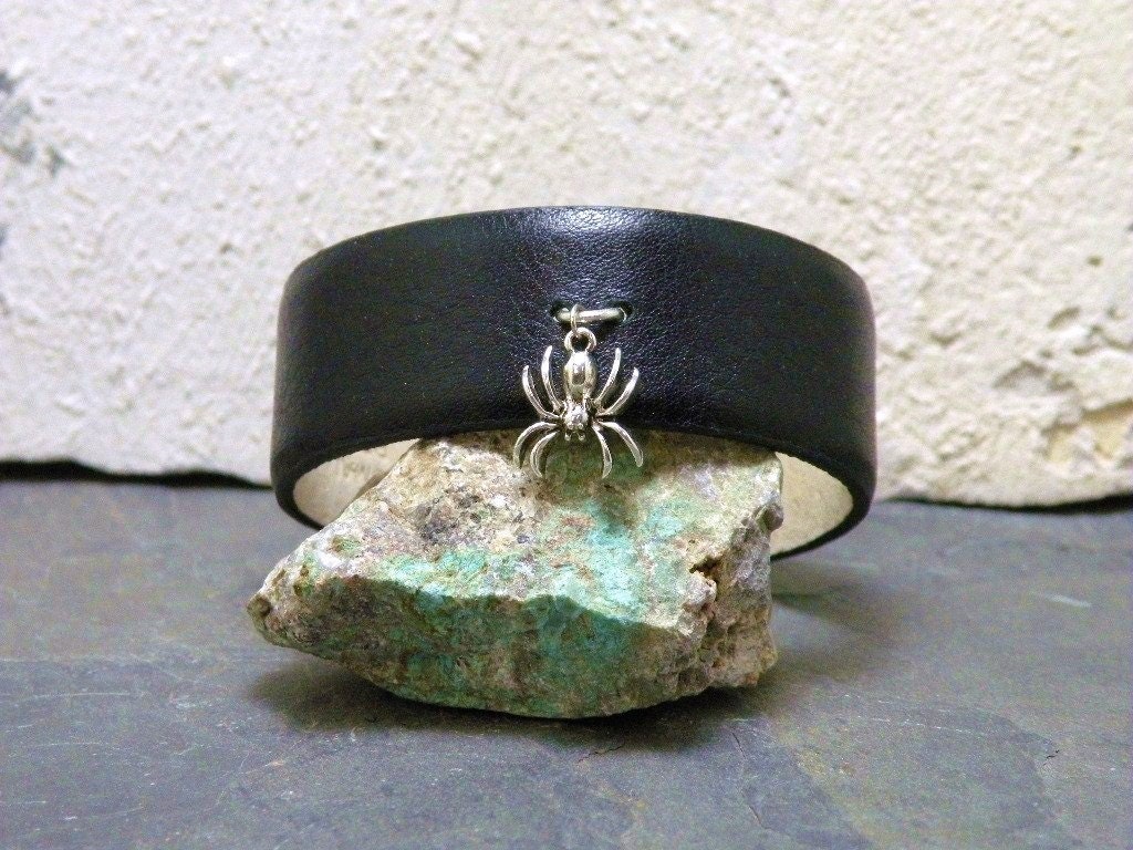 Black Leather Cuff Bracelet with Dangling Spider Charm Custom Cut and Fit to Your Wrist