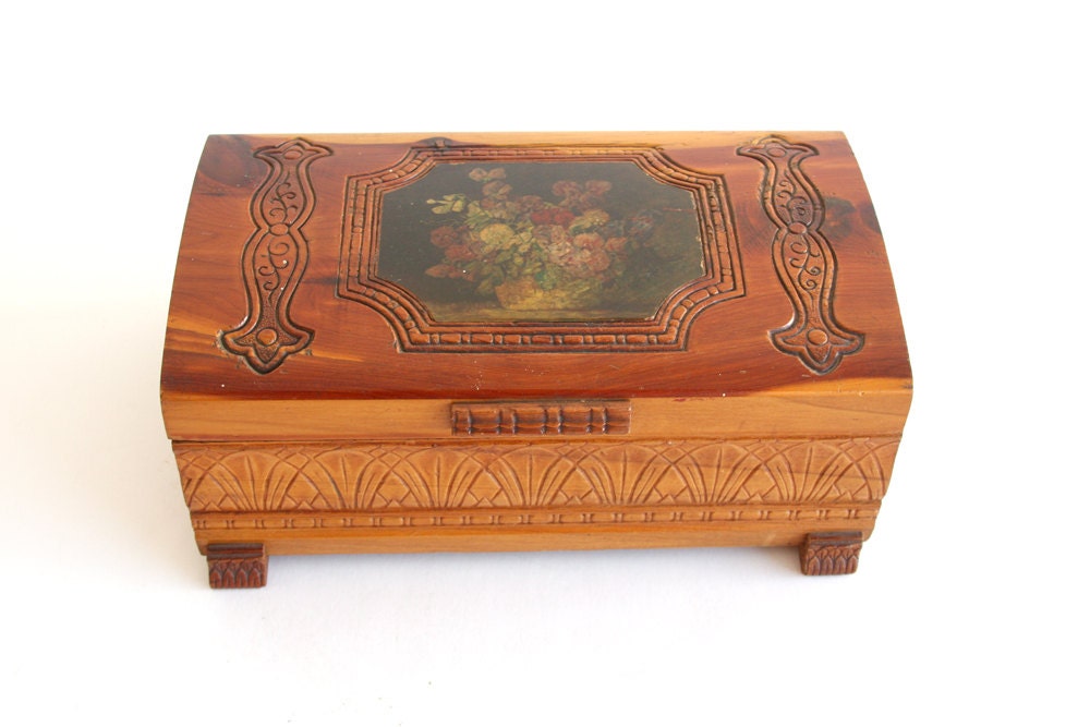 Vintage Carved Wood Box with Floral Motif - Warm Brown Wood Jewelry Box - Mothers Day Gift for Her