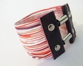 Candy Striped Soft Multi Strand Scarf Bracelet - size L-XL - Wide Red and White Fabric Cuff