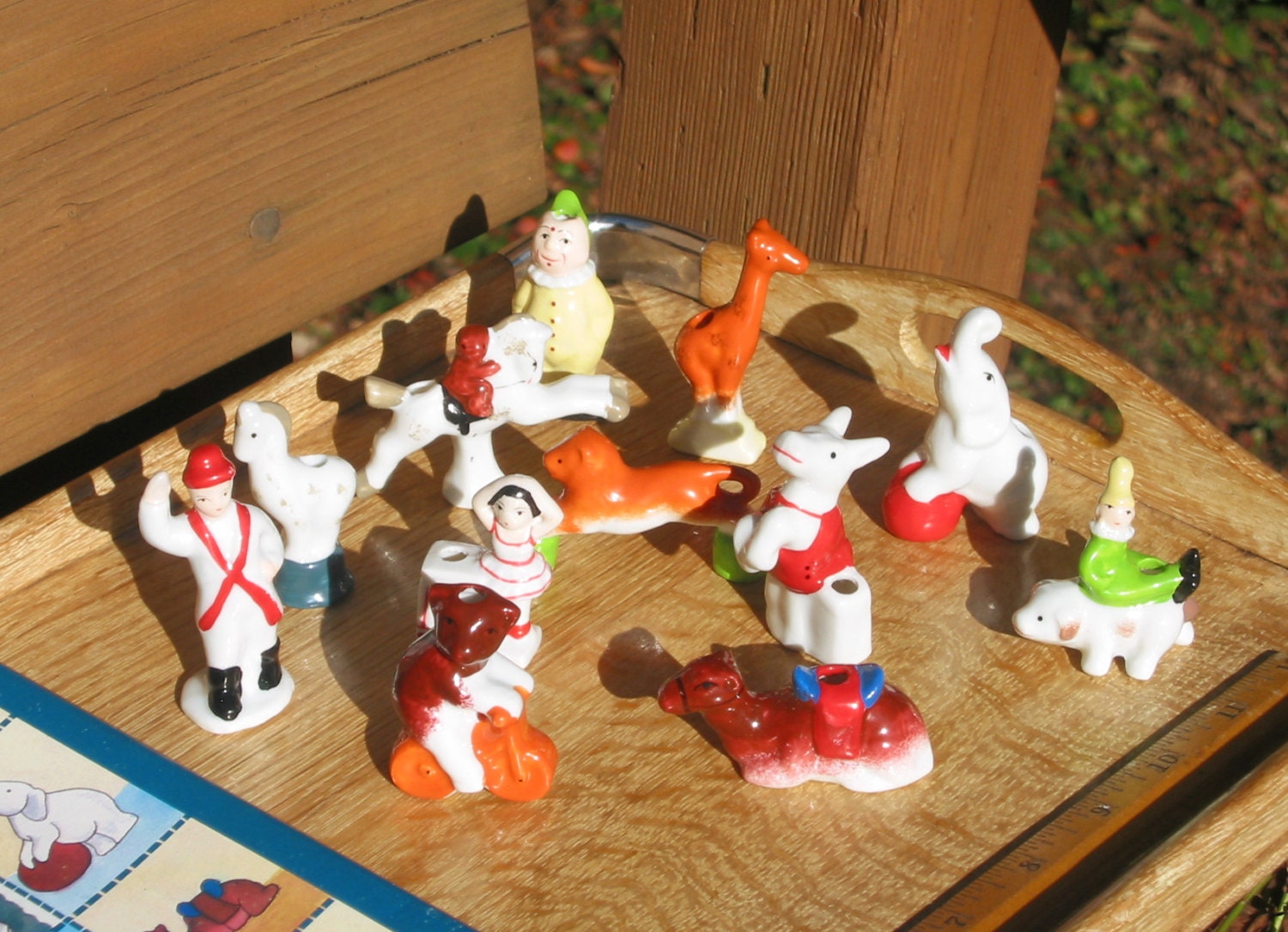 Circus bisque Cake topper set, 12 vintage birthday Candle holders like new