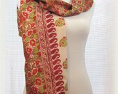 Silk sari scarf red roses and green leaves on cream handmade by Patchtique